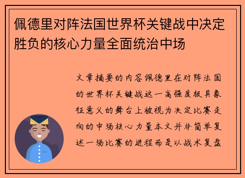 佩德里对阵法国世界杯关键战中决定胜负的核心力量全面统治中场 佩德里对阵法国世界杯关键战中决定胜负的核心力量全面统治中场